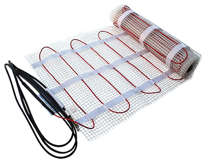 Radiant heat cable pre-spaced in mat for floor heating system.