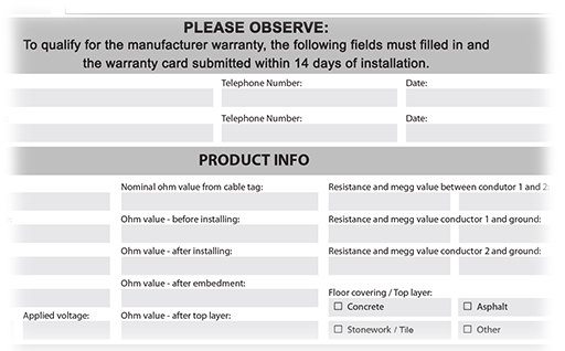 Radiant heat warranty card
