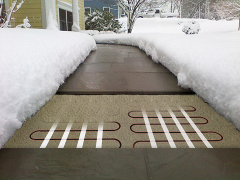 Heated paver walkway with cutaway showing heat cable and paver sand.