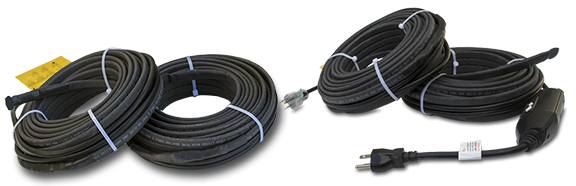 Self-regulating heat trace cable and pre-terminated cable with power plug and GFCI plug for pipe trace applications.