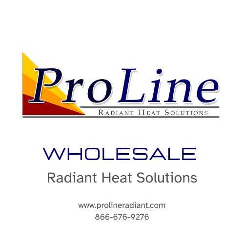 ProLine Radiant Heat Solutions logo and branding with text that reads "Wholesale Radiant Heat Solutions" along with the company website and phone number, designed for contractor and trade professional outreach.