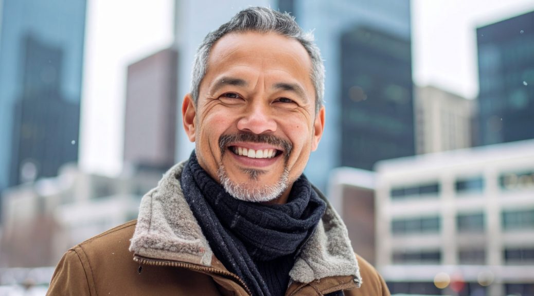 Smiling man with salt-and-pepper hair and beard wearing a brown winter coat with a shearling collar and a dark scarf, standing outdoors in a snowy city with tall modern buildings in the background.